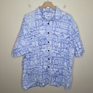 Nomadic Traders | Blue Tribal Hieroglyphic Print Short Sleeve Shirt Size XL
